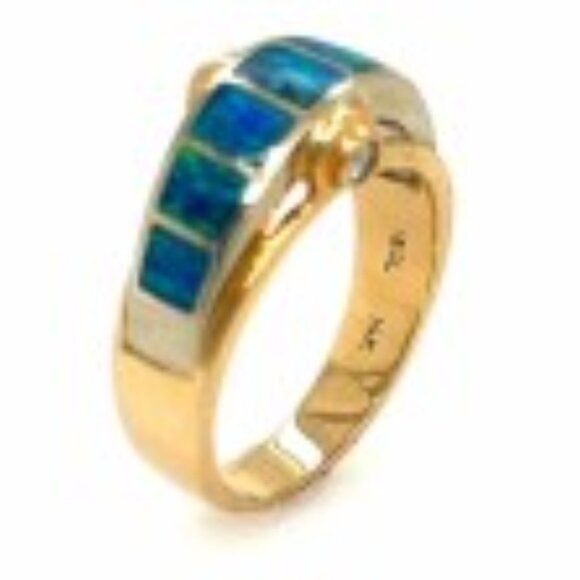 14K Opal Diamond Yellow Gold Dome Size 7. 3/4 Stunning Turquoise Blue Ring - Picture 3 of 5